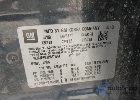 2021 Chevrolet Trax Awd Lt from USA, damaged, VIN KL7CJPSM1MB375261